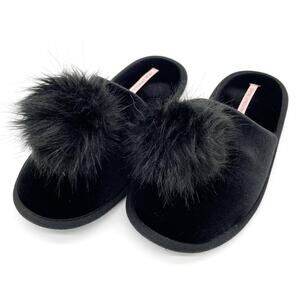 Victoria’s Secret Womens L Slide Slippers Velvet‎ Faux Fur Poof Soft Lounge Cozy